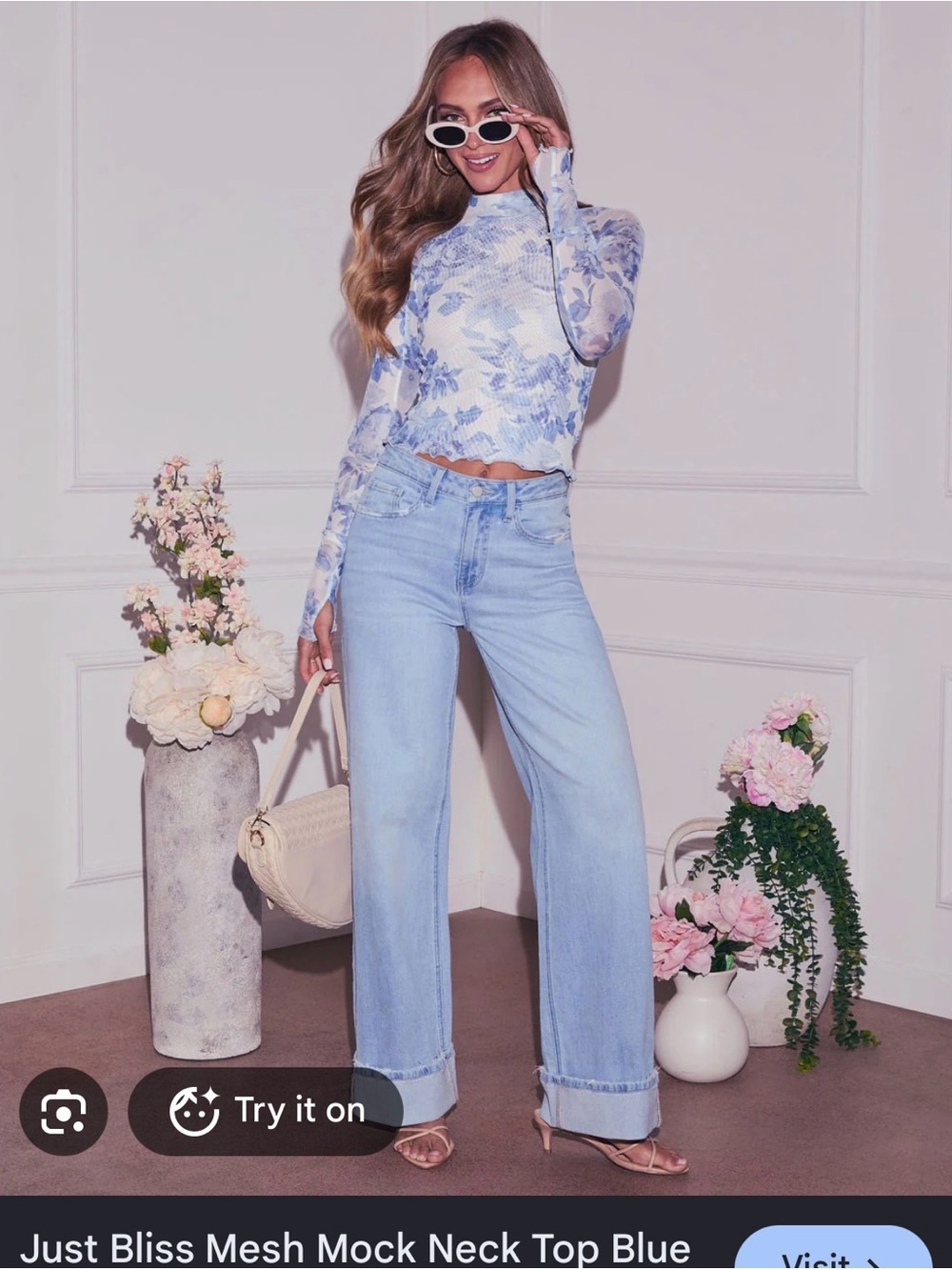 Floral Long Sleeve Top in Blue & White Like New